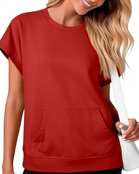 Blouse Poche Devant Unie Col Rond