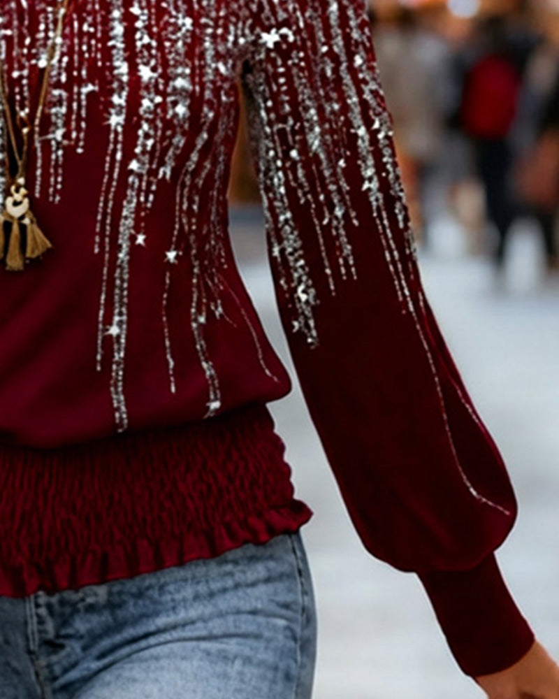 Haut Tendance Imprimé À Manches Longues Et Col Rond