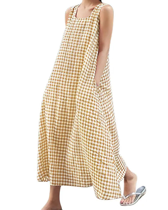 Robe À Carreaux Sans Manches Col Carré Maxi