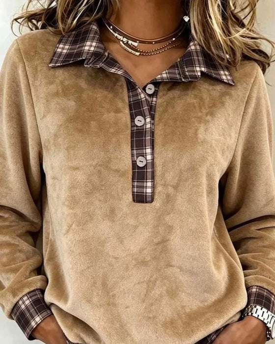 Sweat Col Rabattu Bouton À Carreaux Patchwork