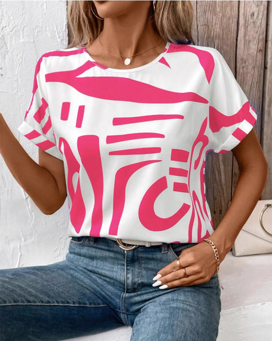 T-Shirt Col Rond Manche Courte Imprimé Géométrique