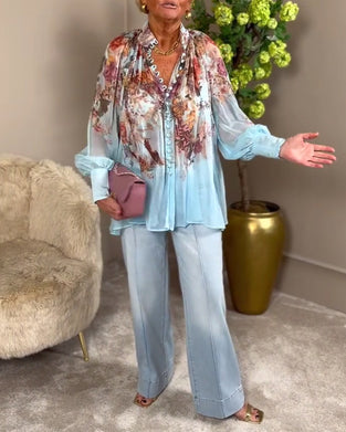 Chemise Manche Lanterne Col Montant Imprimé