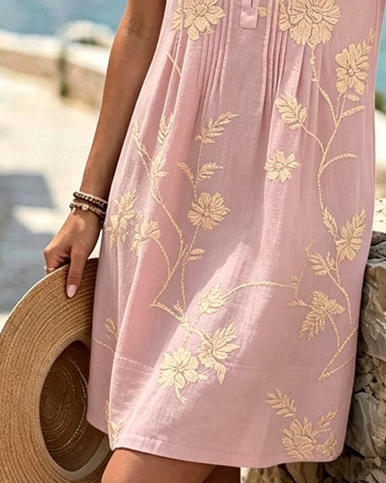 Robe Col Rond Sans Manches Bouton Plissé Imprimé