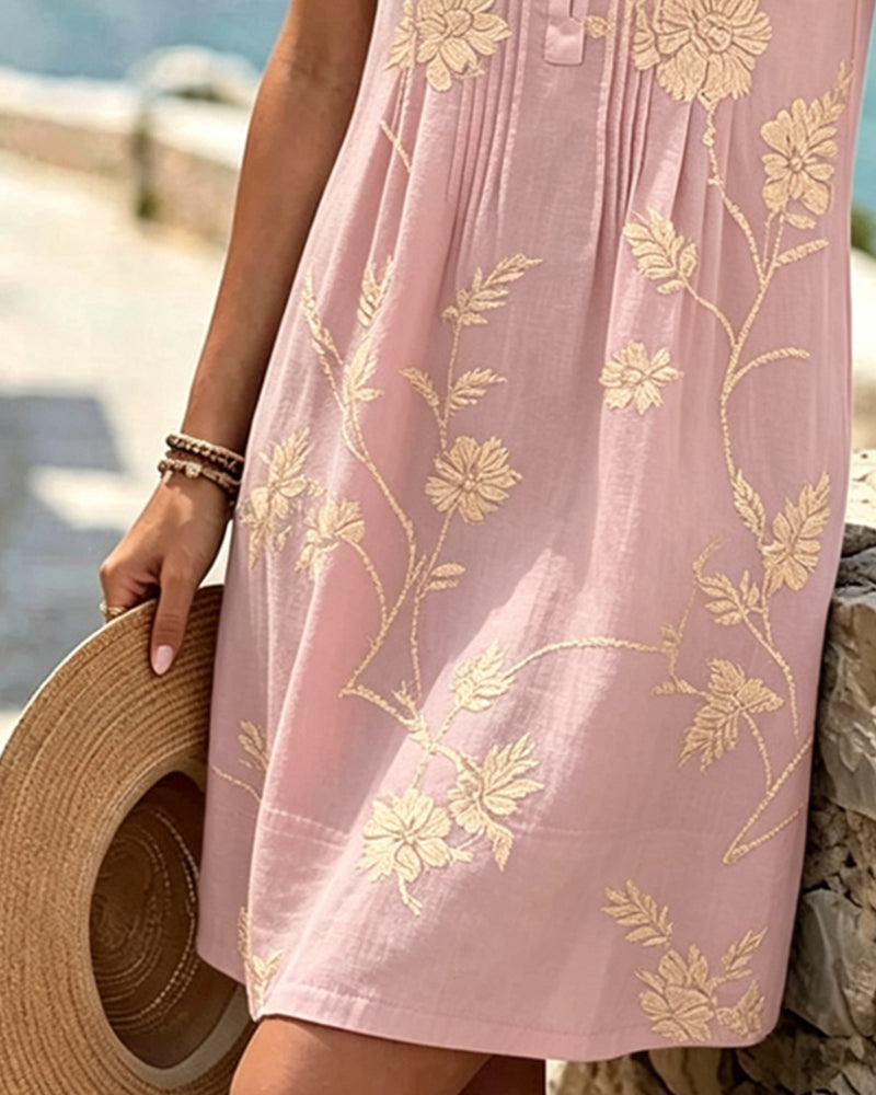 Robe Col Rond Sans Manches Bouton Plissé Imprimé
