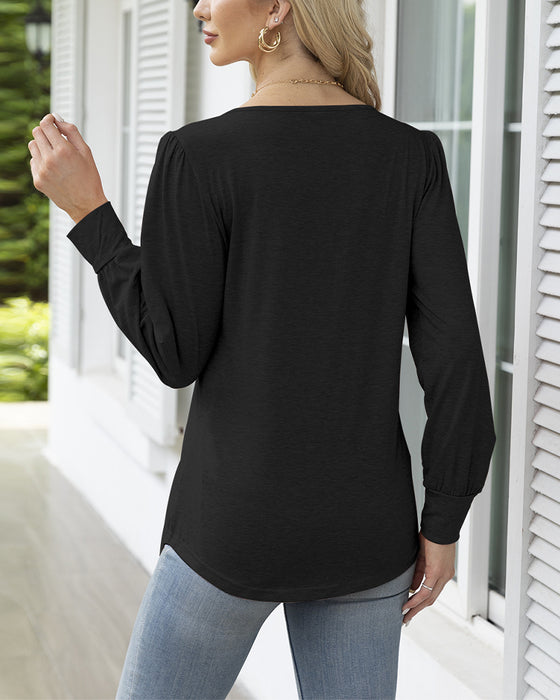 Haut décontracté à col rond plissé de couleur unie