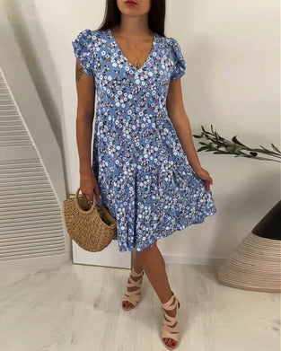 Robe midi fleurie sans manches à col V