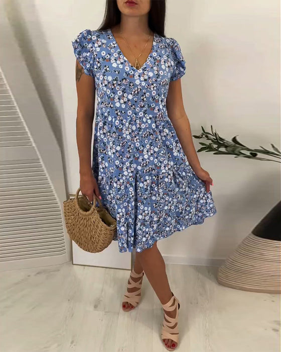 Robe midi fleurie sans manches à col V
