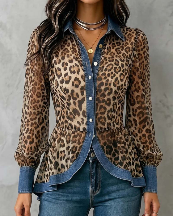 Blouse Denim Léopard Patchwork Cintré