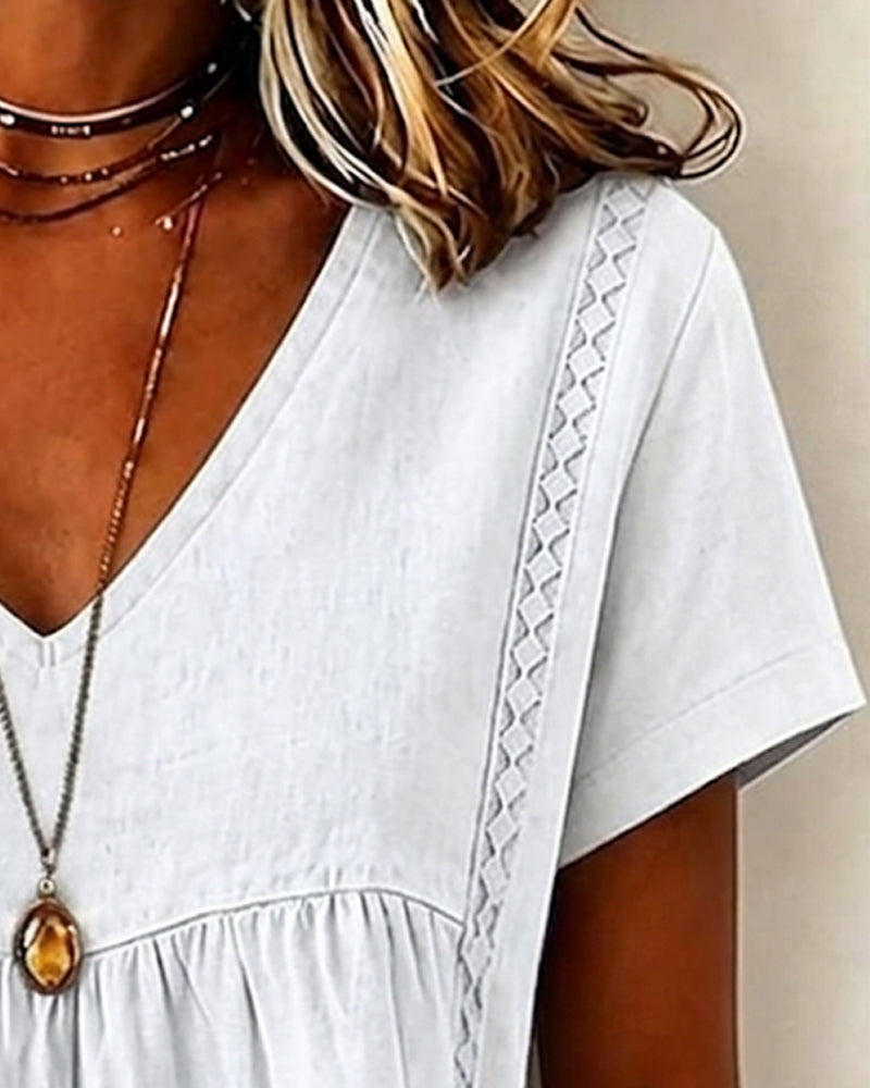 Blouse Col V Froncé Manche Courte