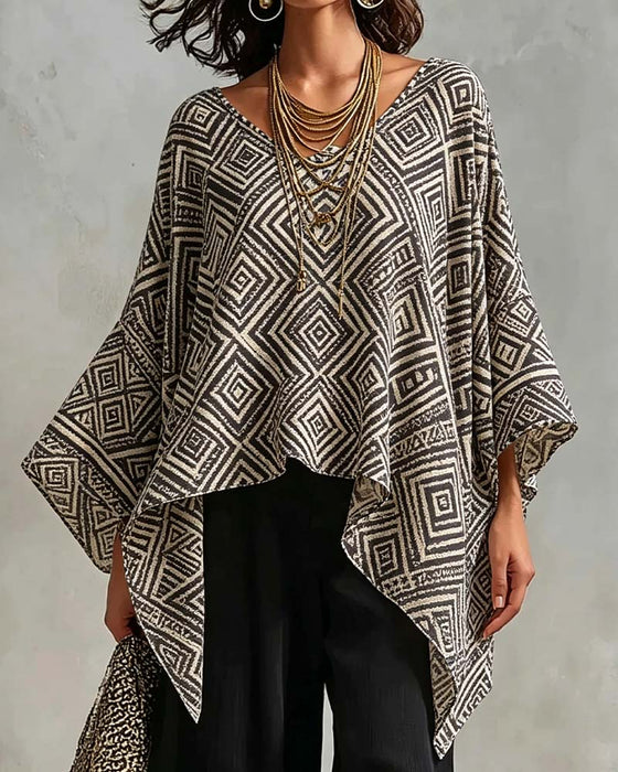 Blouse Motif Diamant Irrégulier Décontractée