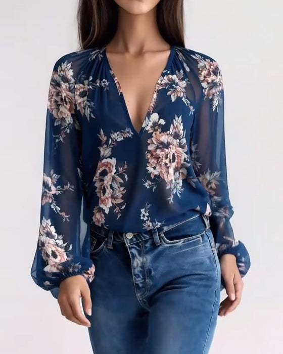 Blouse imprimée tendance à col en V et manches longues