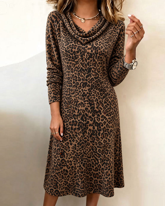 Robe Col Mock Décontracté Léopard Manches Longues