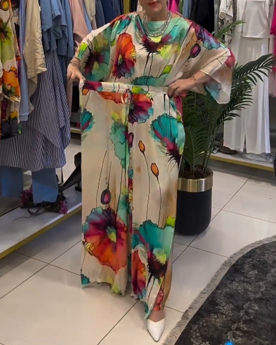 Ensemble asymétrique à manches trois-quarts à imprimé lotus