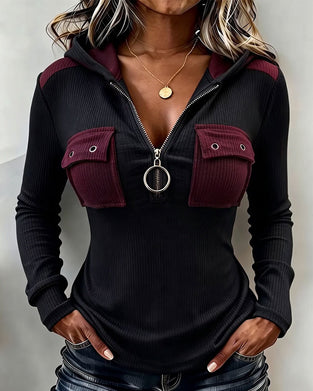 Haut Bloc De Couleur Demi Fermeture Éclair Capuche Mode