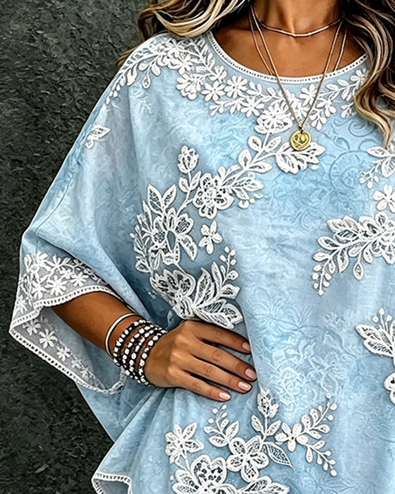 Blouse Col Rond Motif Floral Coupe Ample