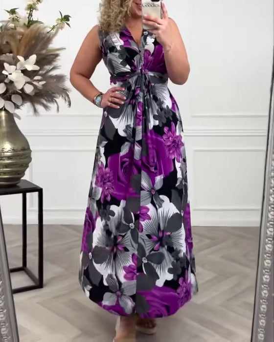 Robe élégante plissée sans manches à imprimé floral