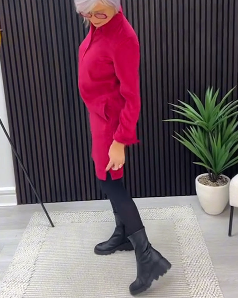 Robe Couleur Unie Manches Longues À Revers