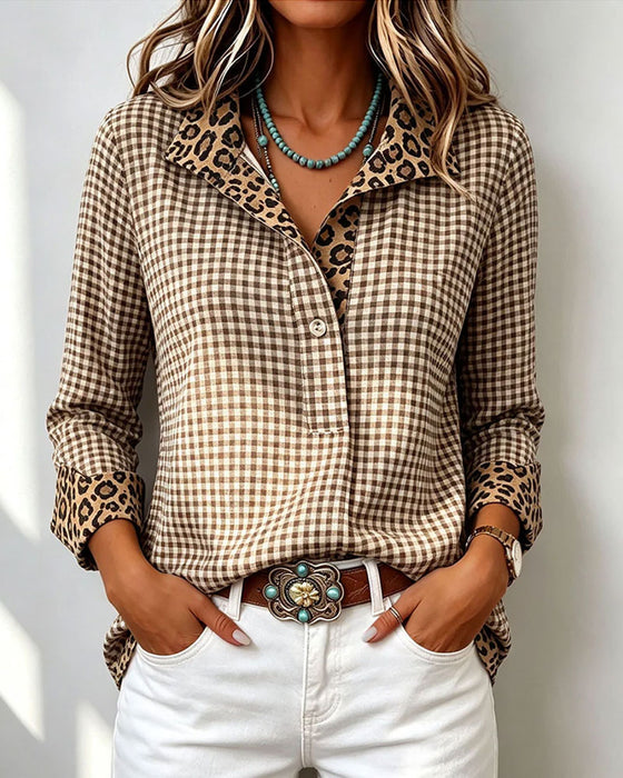 Chemise Plaid Léopard Manches Longues Décontractée