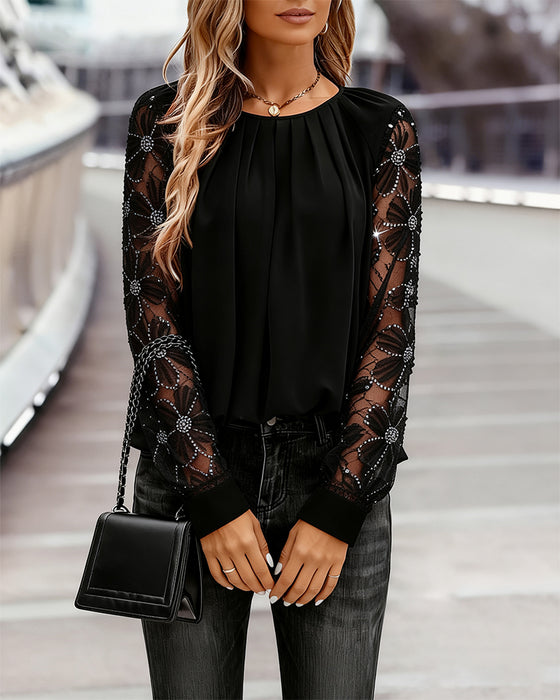 Haut Pailleté Fin Manche Longue Plissé Col Rond