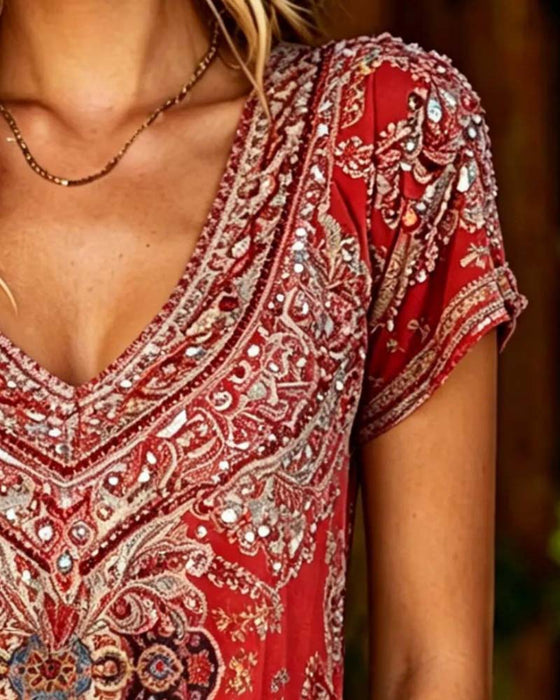 T-Shirt Boho Col V Imprimé Manche Courte