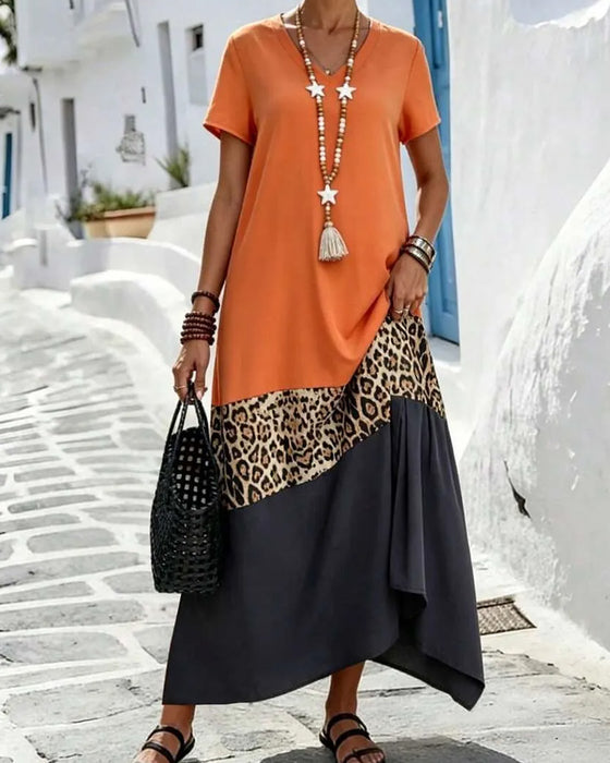 Robe Maxi Col En V Bloc De Couleur Patchwork Léopard