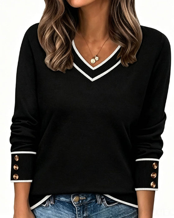 Pullover À Col En V Et Boutons De Contraste