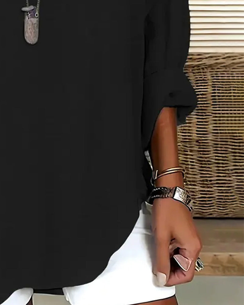 Blouse Col En V Irrégulière Unie Manches Longues
