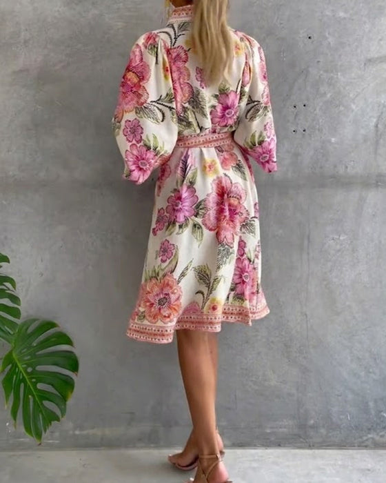 Robe Manche Lanterne Col Cranté Imprimé