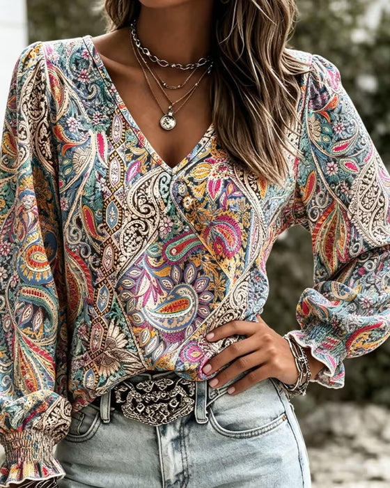 Blouse Col V Bohème Manche Bouffante
