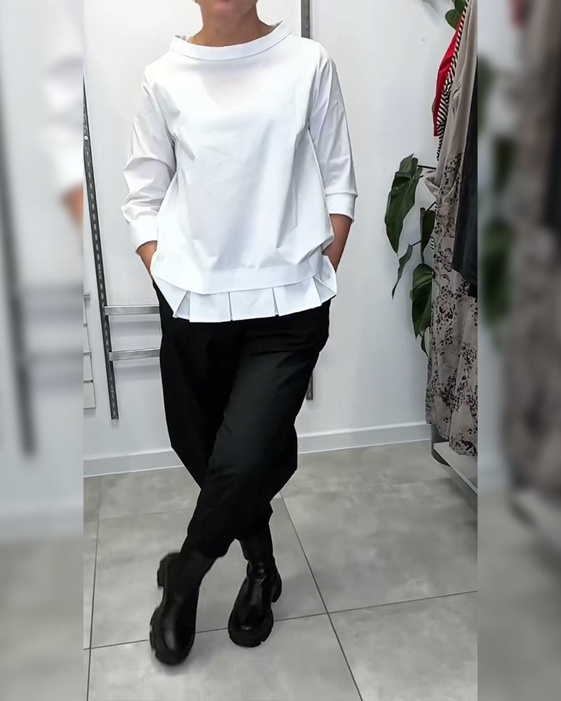 100% Coton Blouse Col Large Couleur Unie Décontracté