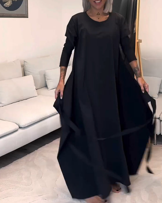 Robe plissée à lacets de couleur unie à la mode avec col rond