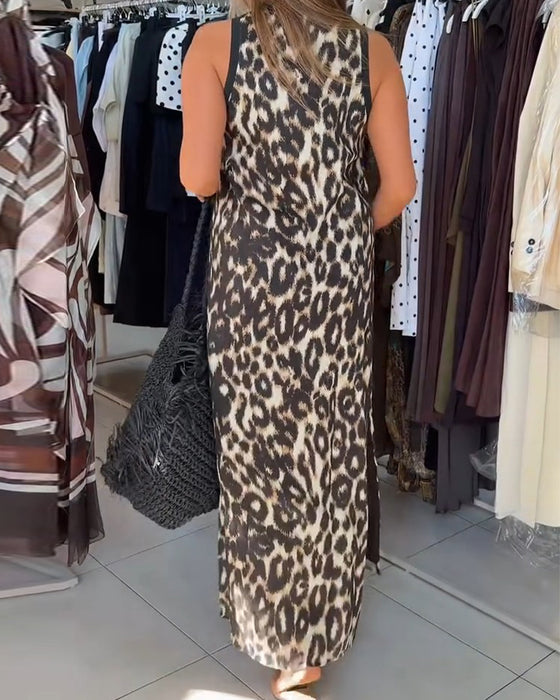 Robe Col Rond Léopard Sans Manches Maxi