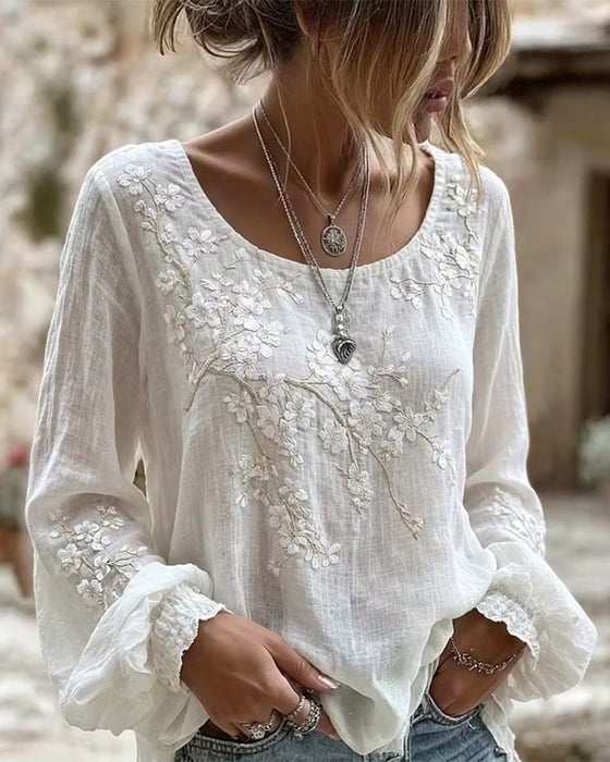 Blouse Texturée Fleur De Cerisier Brodée Col Rond