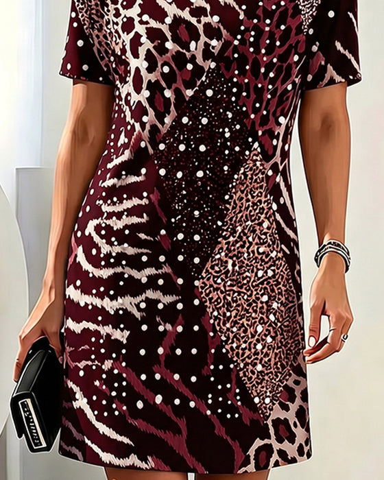 Robe Imprimé Léopard Col-Rond Manche-Courte Patchwork