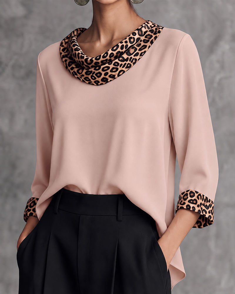 Blouse Léopard Panneau Col Drapé Manche Coude