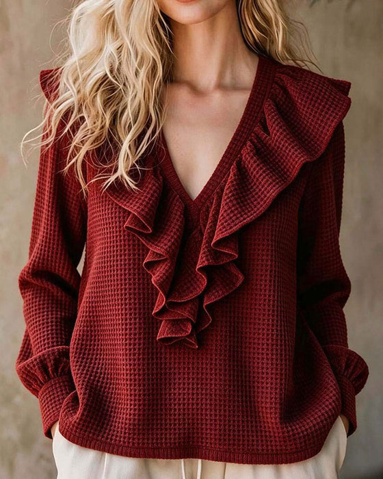 Blouse Tricot Gaufré Col En V Volant