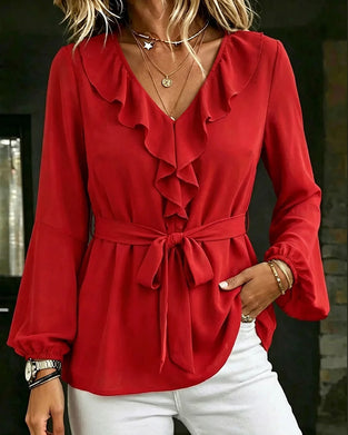 Blouse Col V Volant Décontractée