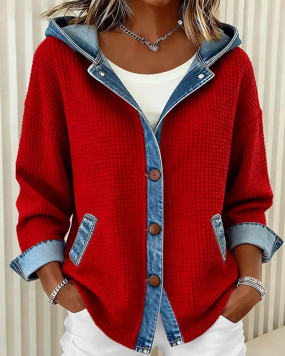 Manteau Capuche Bouton Denim Patchwork