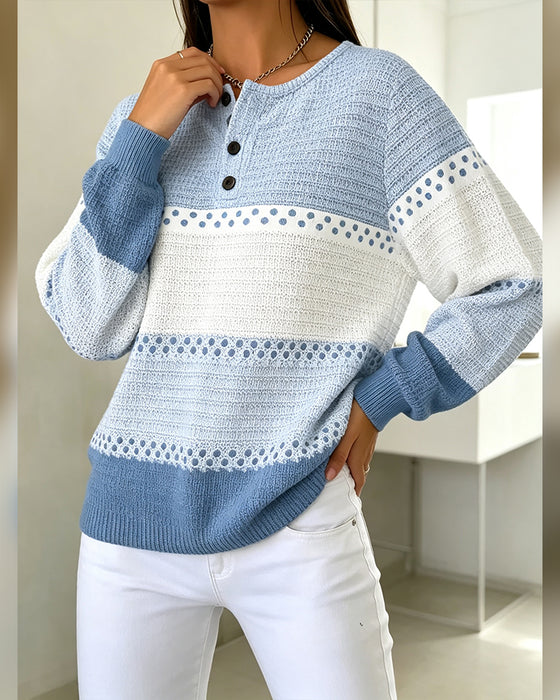 Sweatshirt Bloc De Couleur Tricot Gaufré Henley Pullover