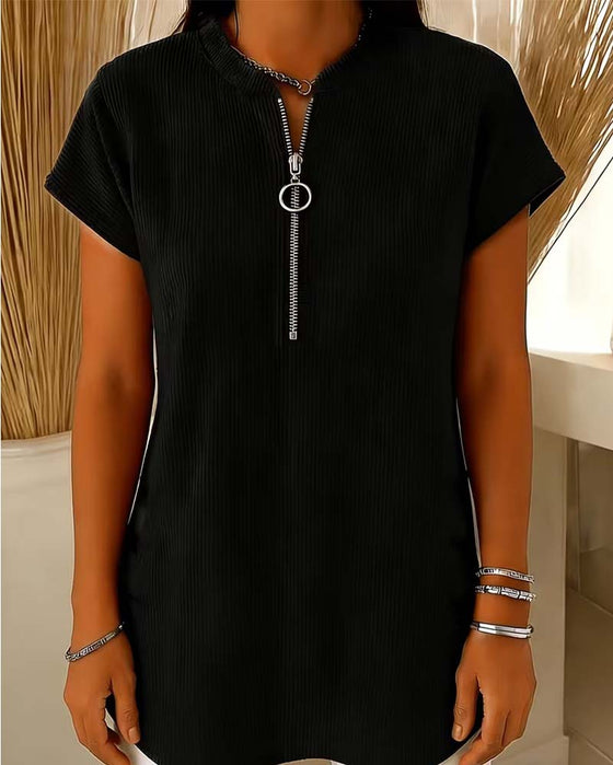 Blouse Unie Manche Courte Fermeture Éclair