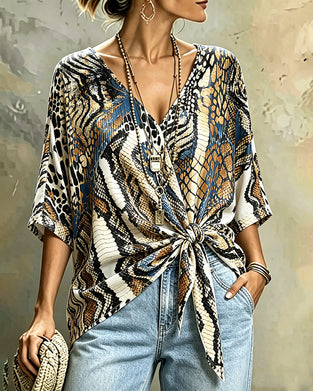 Haut Imprimé Animal Patchwork Col V Bandage