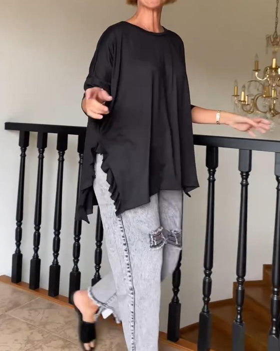 Blouse décontractée à col rond de couleur unie