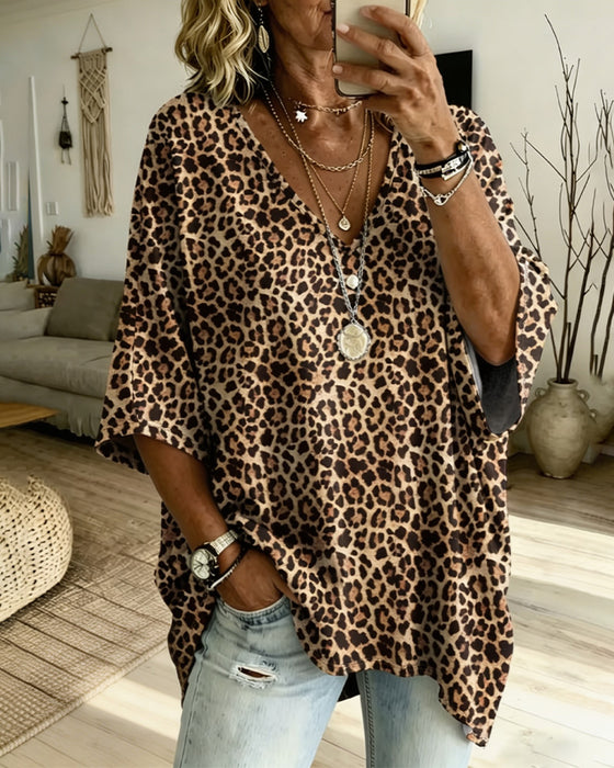 Blouse Col V Léopard Décontractée