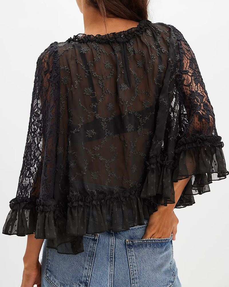 Blouses de protection solaire à manches volantées en dentelle ajourée