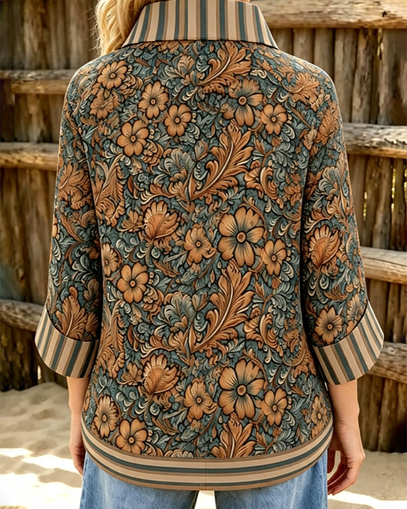 Blouse Revers Décontractée Florale Bouton