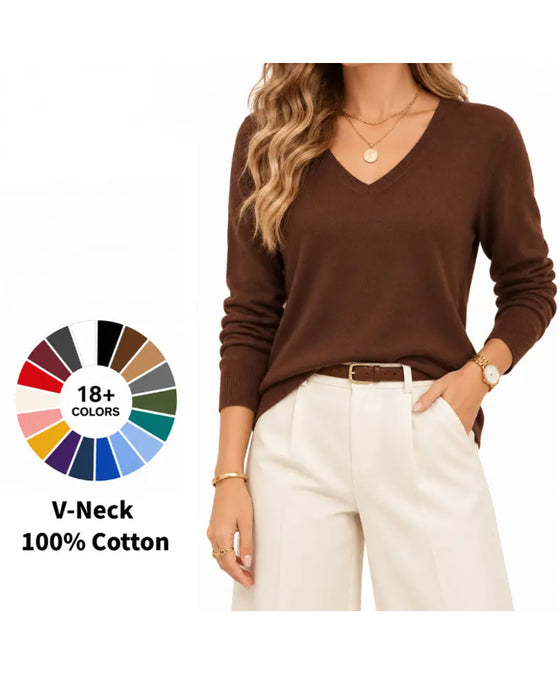 Pullover Col V Uni Manches Longues