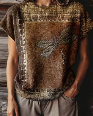 Pull-Over Imprimé Libellule Col Rond Manches Courtes