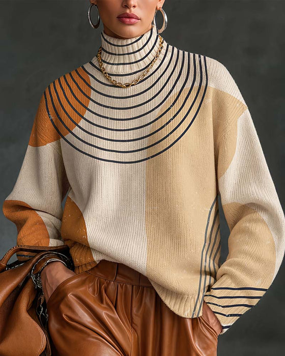 Pullover Ligne Géométrique Bloc De Couleur Col Haut