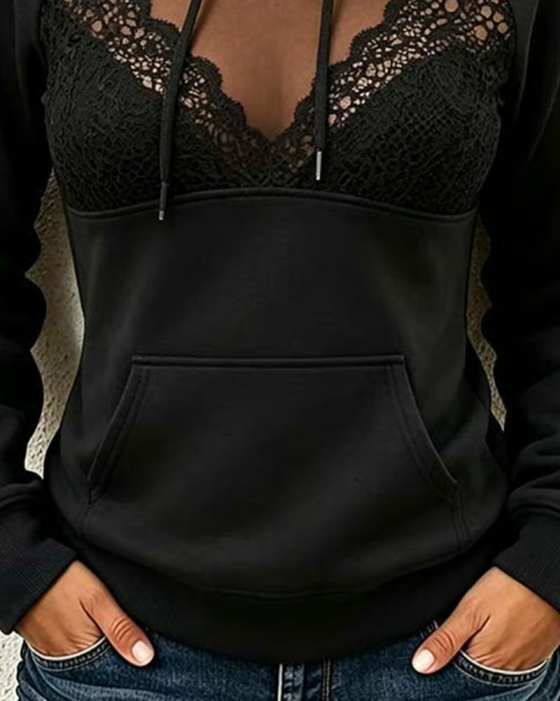Sweatshirt À Capuche Mesh Dentelle Patchwork