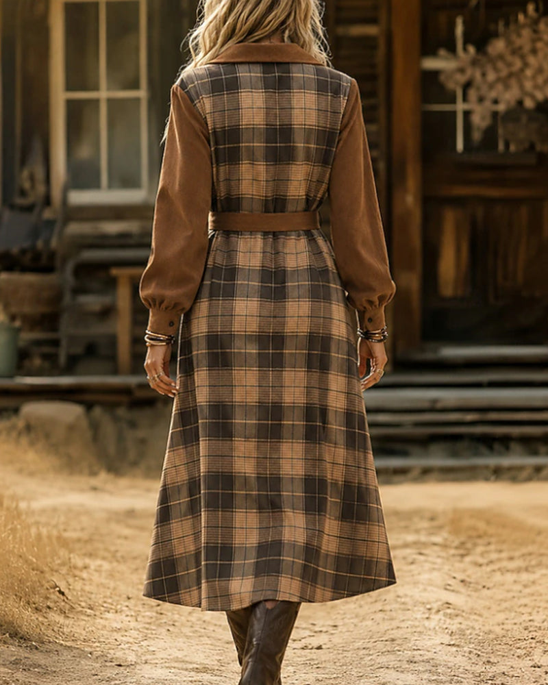 Robe Patchwork À Carreaux Ceinturée Chemise